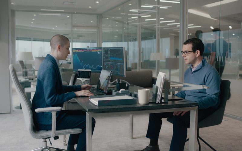 Bloomberg Terminals and Keyboard, Cisco Phone and Macbook Used by Asia Kate Dillon in Billions (1)