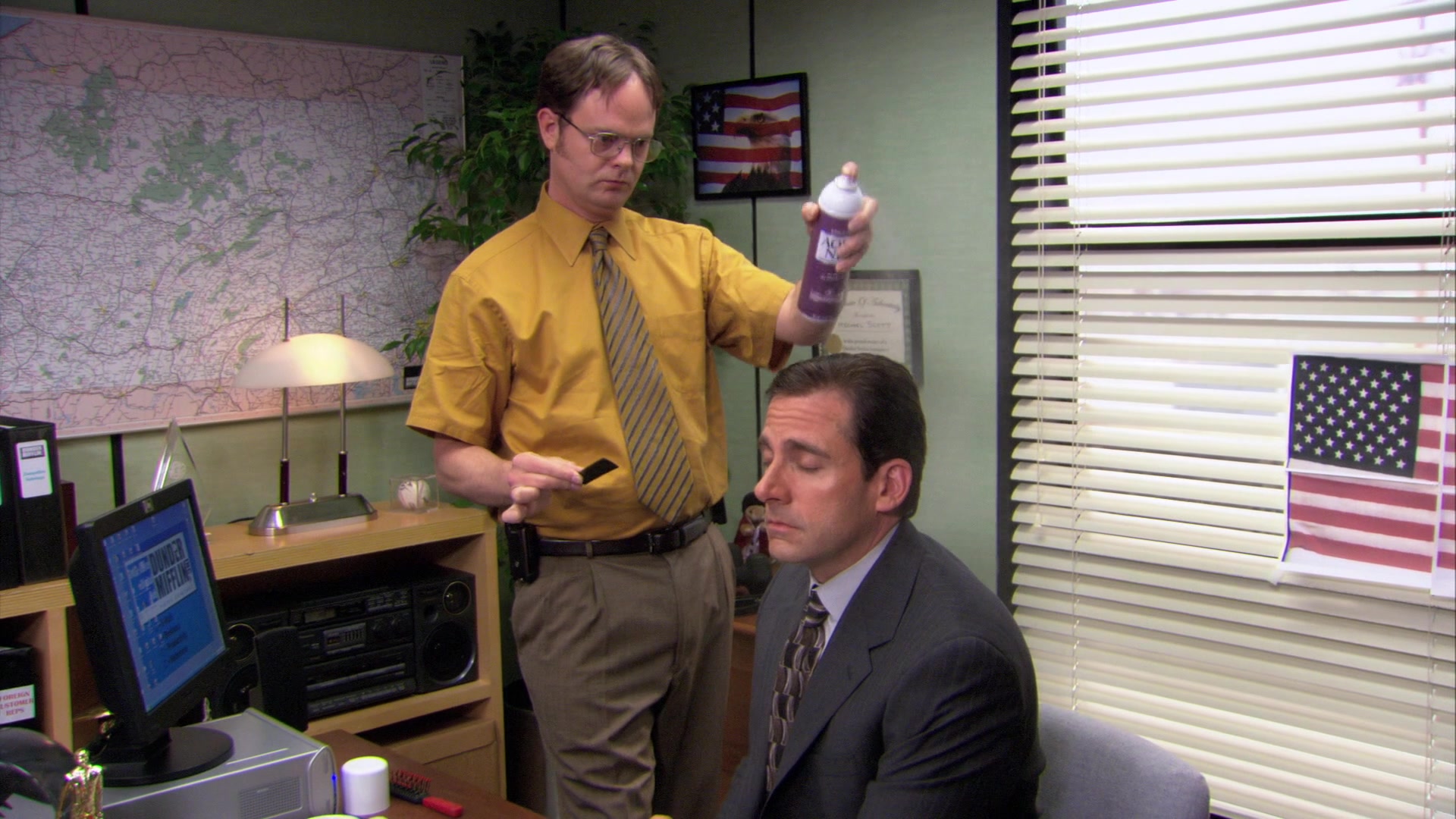 Aqua Net Hair Spray Used By Steve Carell (Michael Scott) & Rainn Wilson  (Dwight Schrute) In The Office – Season 3, Episode 21, 