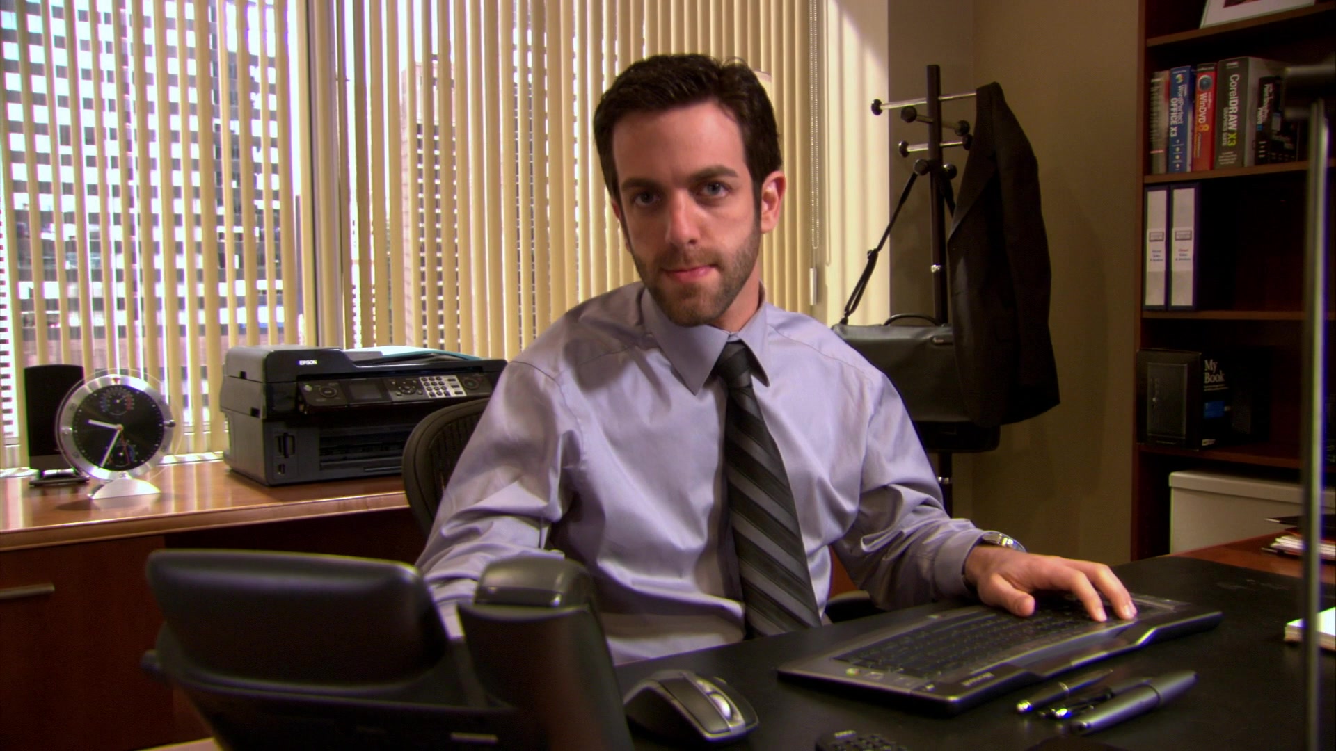 Black and Purple Striped Tie worn by Ryan Howard (B. J. Novak) in The Office  (S04E02)