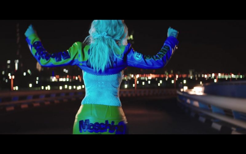 Moschino Cropped Racing Leather Jacket and Blue Leather Leggings Worn by Rita Ora in New Look (4)