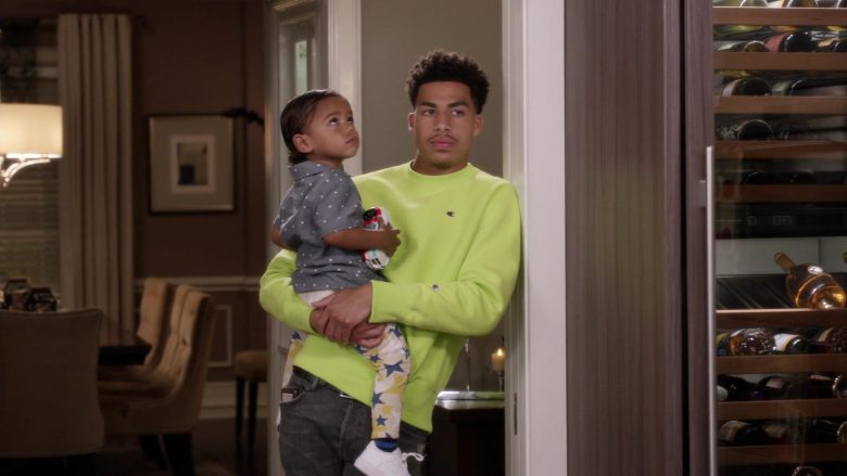 Champion Neon Green Sweatshirt Worn by Marcus Scribner as Junior in Black-ish Season 6 Episode 6 (1)