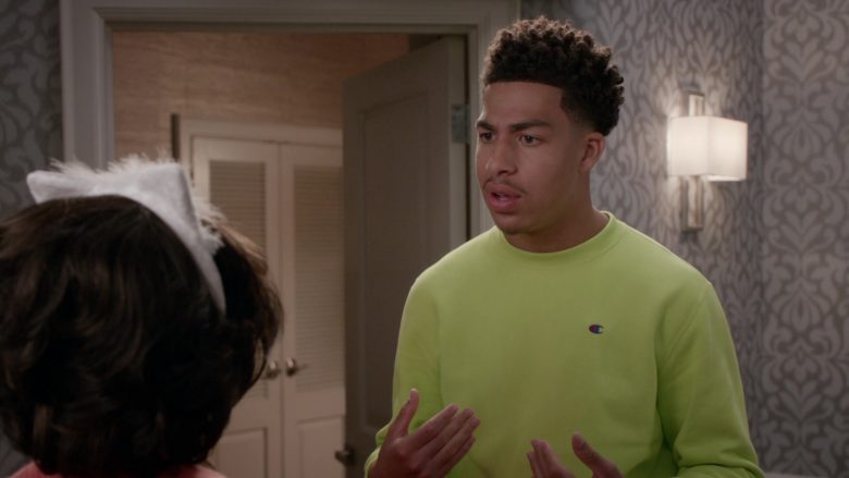 Champion Neon Green Sweatshirt Worn by Marcus Scribner as Junior in Black-ish Season 6 Episode 6 (4)
