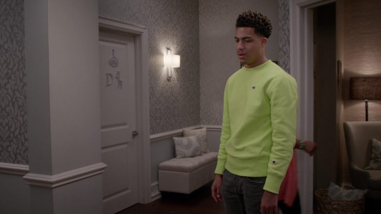 Champion Neon Green Sweatshirt Worn by Marcus Scribner as Junior in Black-ish Season 6 Episode 6 (5)