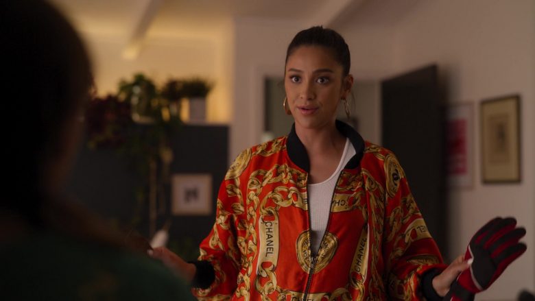 Chanel Bomber Jacket Worn by Shay Mitchell as Stella Cole in Dollface Season 1 Episode 6 (7)