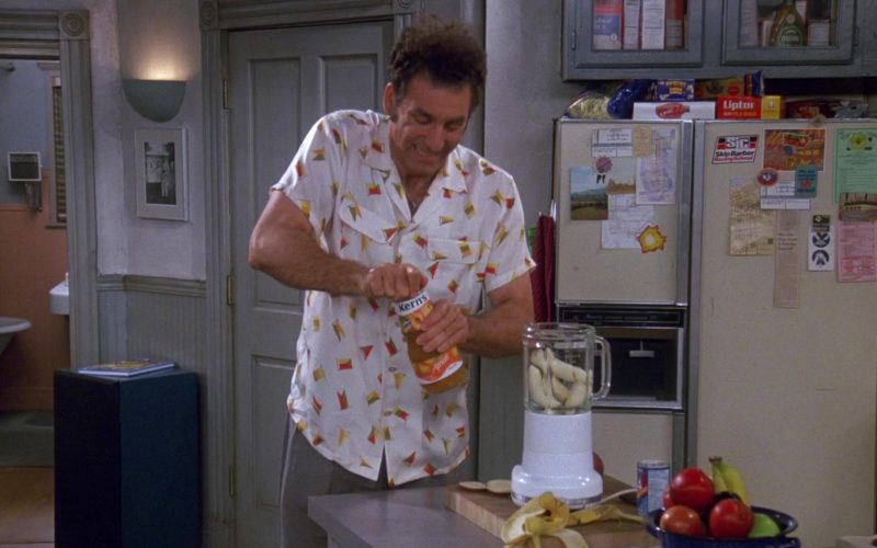 Kern’s Juice Enjoyed by Michael Richards as Cosmo Kramer and Lipton Tea in Seinfeld Season 9 Episode 17 The Bookstore
