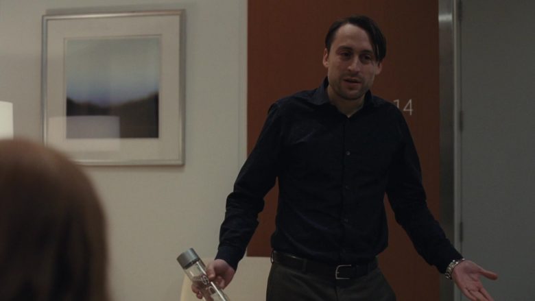 Voss Water Bottle Held by Kieran Culkin as Romulus ‘Roman' Roy in Succession Season 1 Episode 2 Shit Show at the Fuck Factory