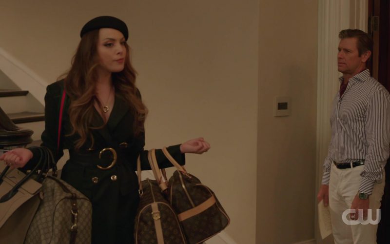 Gucci And Louis Vuitton Bags Held by Elizabeth Gillies as Fallon Carrington in Dynasty Season 3 Episode 10 (2020)