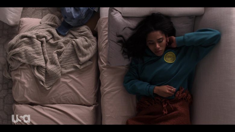 H&M Hoodie in Dark Turquoise with Hypnotizer Patch Worn by Herizen Guardiola as Addy Hanlon in Dare Me Episode 5 (1)