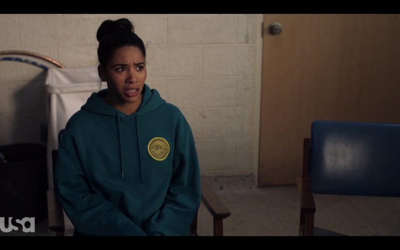 H&M Hoodie in Dark Turquoise with Hypnotizer Patch Worn by Herizen Guardiola as Addy Hanlon in Dare Me Episode 5 (5)