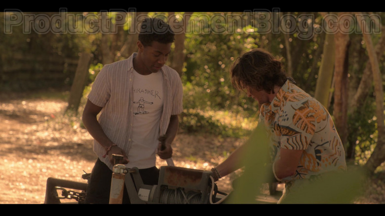 Thrasher White Tee Worn by Jonathan Daviss in Outer Banks (1)