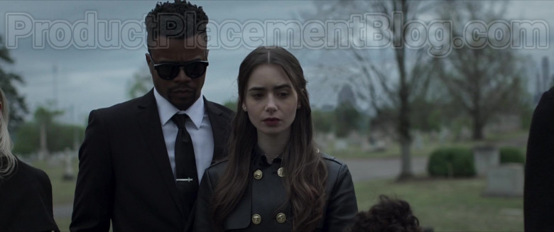 Lily Collins Wearing Versace Leather Trench Coat Outfit in Inheritance Movie (1)
