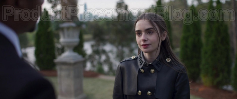 Lily Collins Wearing Versace Leather Trench Coat Outfit in Inheritance Movie (3)