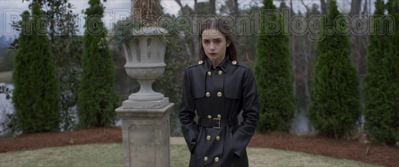 Lily Collins Wearing Versace Leather Trench Coat Outfit in Inheritance Movie (7)