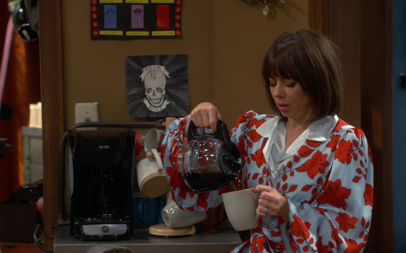 Natasha Leggero Wearing Floral Print Bathrobe Outfit and Using Mr. Coffee Maker in Broke S01E10 TV Show