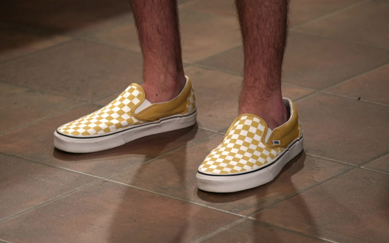 Reed Horstmann as Stick Wears Vans Classic Slip-On Checkerboard Ochre & White Sneakers (1)