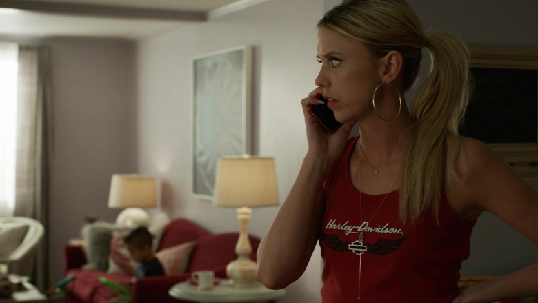 Riley Voelkel as Renee Segna Wears Harley-Davidson Women's Red T-Shirt Outfit in Hightown TV Series (1)