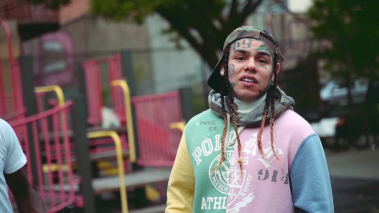 6IX9INE Outfits – Ralph Lauren Colorful Hoodie in “PUNANI” Music Video 2020 (2)