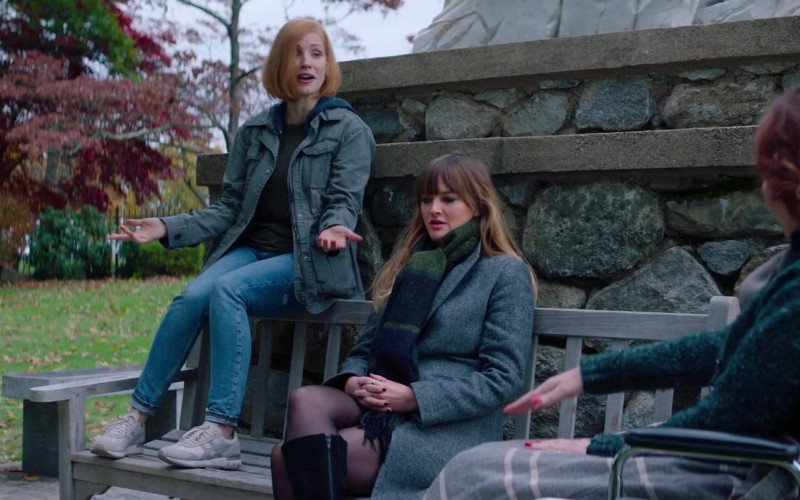 Jessica Chastain Wears Asics Onitsuka Sneakers, Army Coat Jacket and Jeans Outfit in Ava Movie (1)