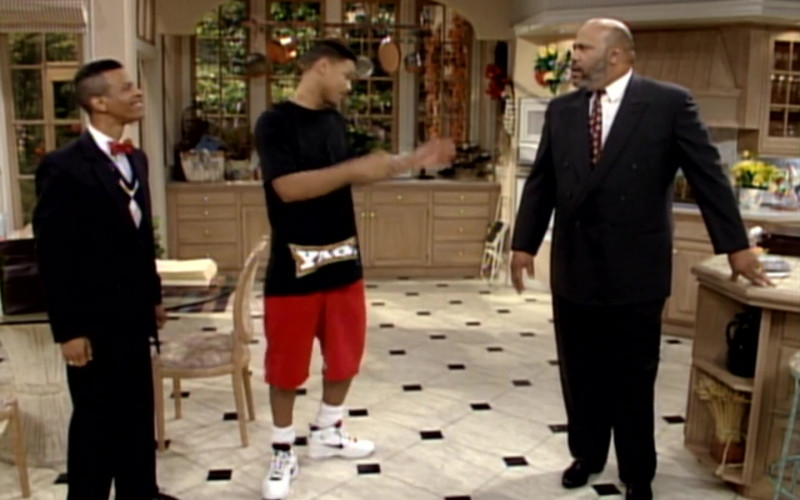 Nike White Shoes, Black Tee and Red Shorts Fashion Look of Will Smith in The Fresh Prince of Bel-Air S03E15