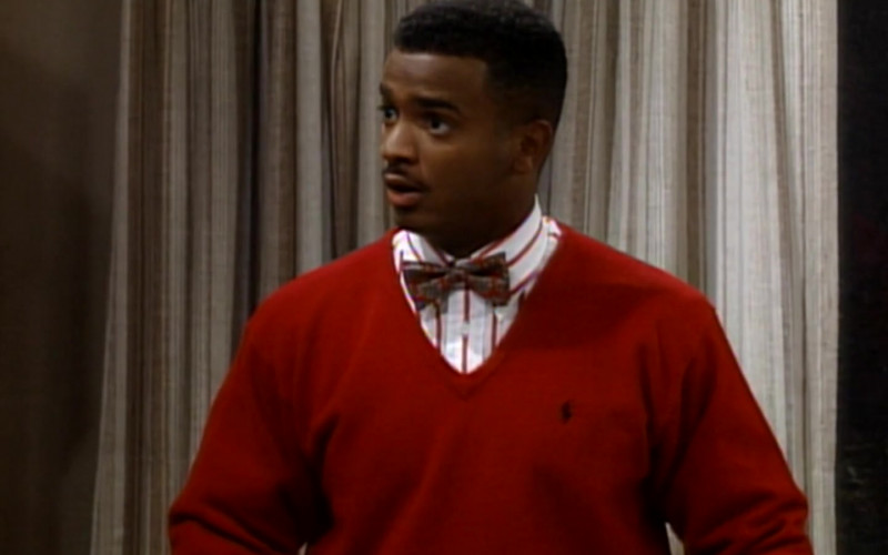 The Fresh Prince of Bel-Air S04E01 Outfits – Ralph Lauren Red V-Neck Jumper of Alfonso Ribeiro as Carlton
