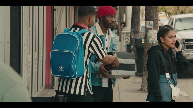 Adidas Originals Classic Vintage Blue Backpack of Andrew Bachelor as Bobby in Sneakerheads S01E01