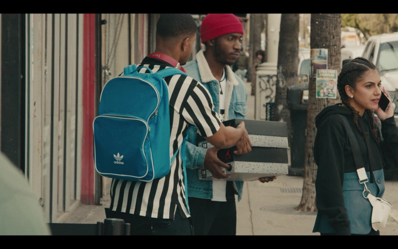 Adidas Originals Classic Vintage Blue Backpack of Andrew Bachelor as Bobby in Sneakerheads S01E01