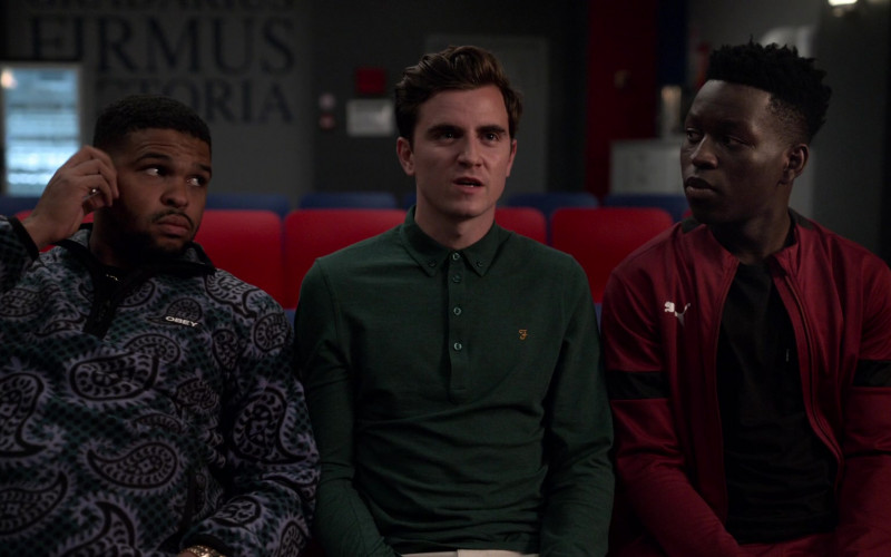 Obey Sweater, Farah Green Shirt and Puma Tracksuit Jacket Outfits in Ted Lasso S01E08