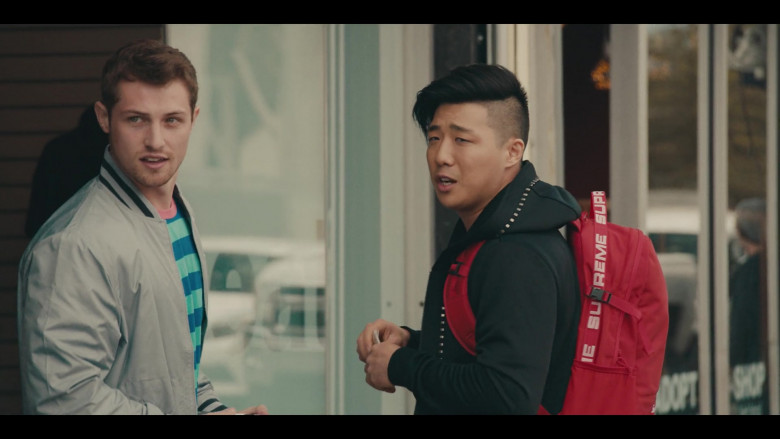 Supreme Backpack (Red) of Justin Lee as Cole in Sneakerheads S01E01 TV Show