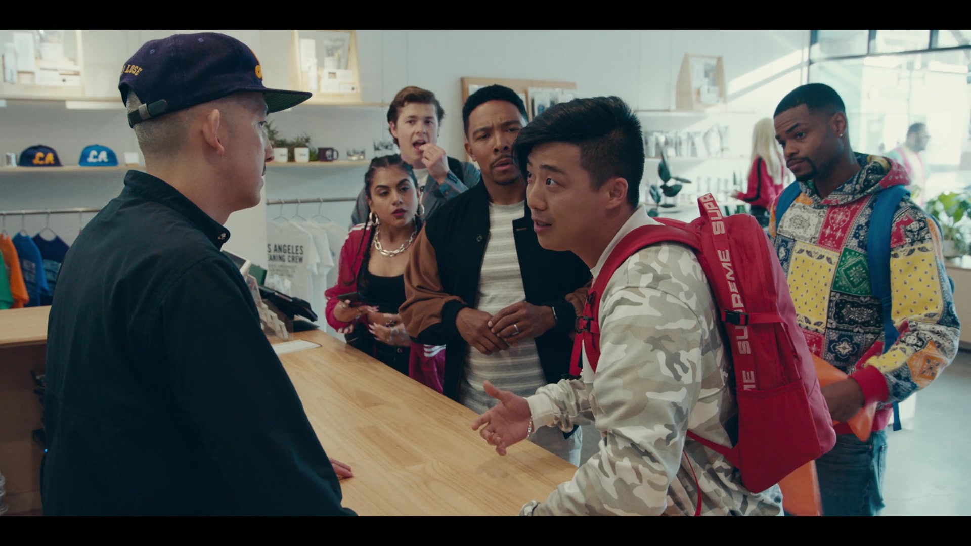 Supreme Red Backpack Of Actor Justin Lee As Cole In Sneakerheads Season 1  Episode 6 (2020)