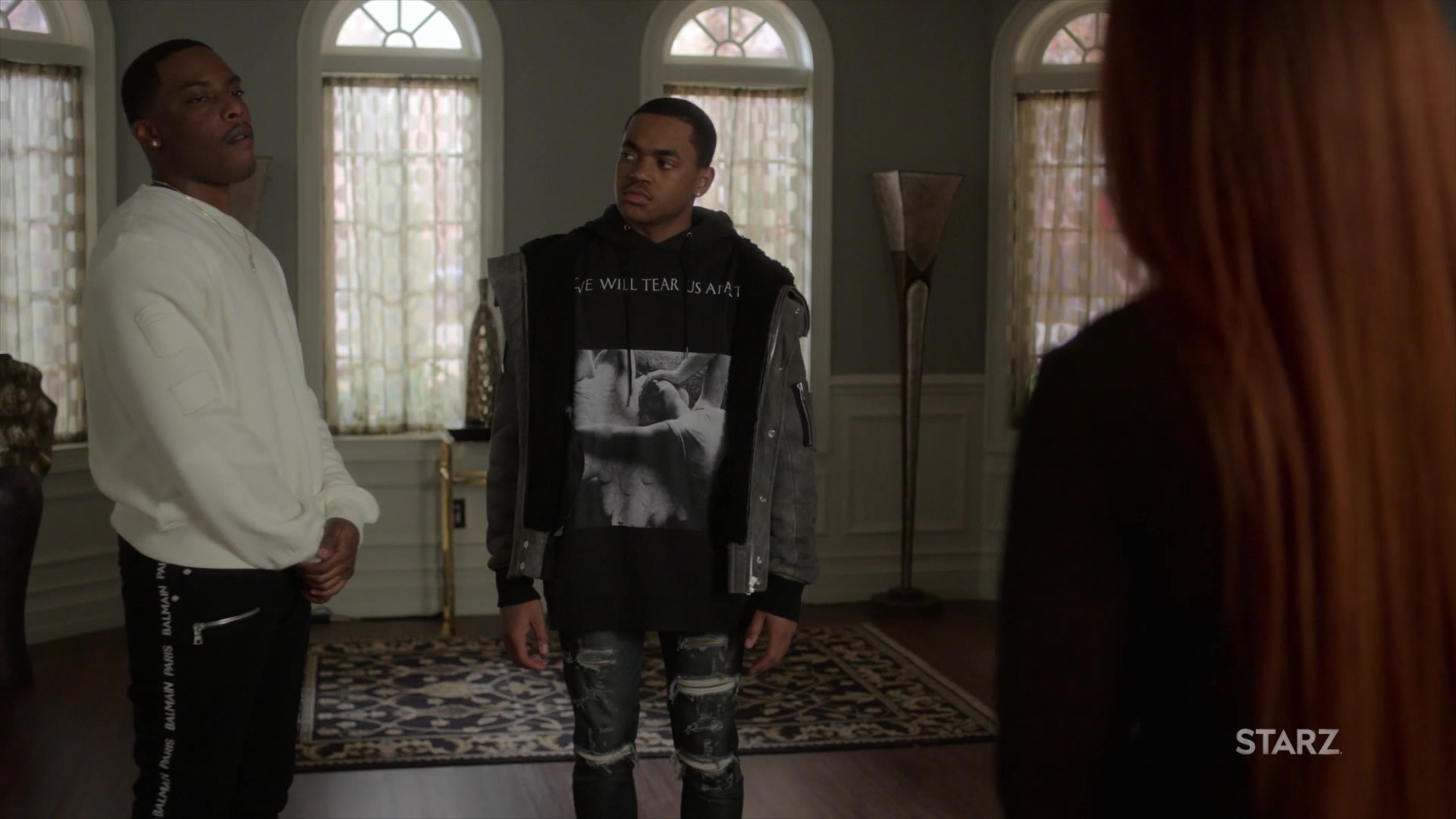 Off-White all-over logo sweatshirt in back worn by Cane Tejada (Woody  McClain) as seen in Power Book II: Ghost TV show wardrobe (Season 2 Episode  6)