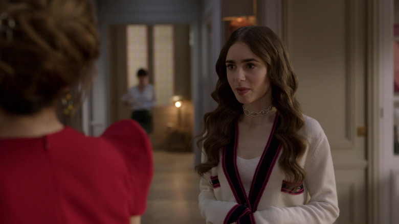 Chanel Cardigan Sweater of Lily Collins in Emily in Paris S01E06 &quot;Ringarde&quot; (2020)