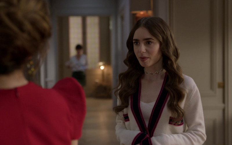 Chanel Cardigan Sweater Outfit of Lily Collins in Emily in Paris S01E06 (1)