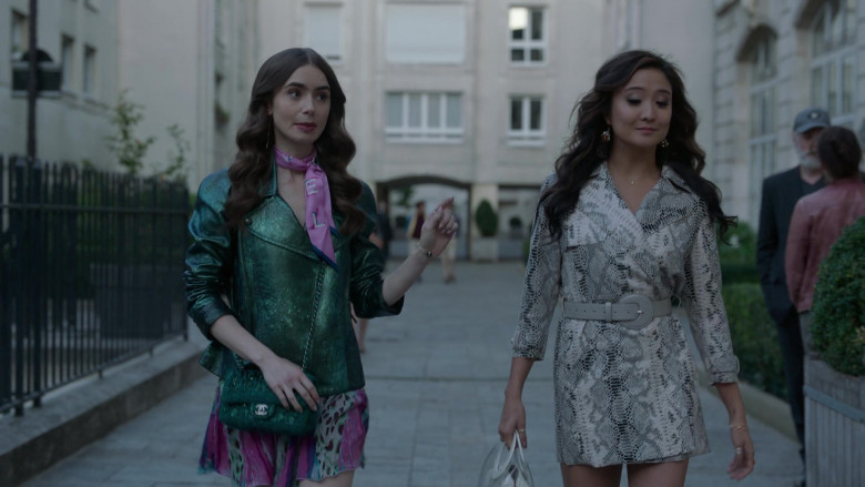 Chanel Green Handbag Fashion Outfit of Lily Collins in Emily in Paris S01E04 TV Show (1)