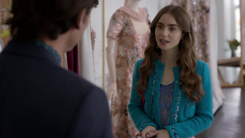 Chanel Jacket Outfit of Lily Collins as Emily Cooper in Emily in Paris S01E07 French Ending