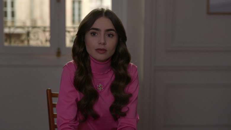 Chanel Pink Turtleneck French Street Style Outfit of Lily Collins in Emily in Paris S01E09 (3)