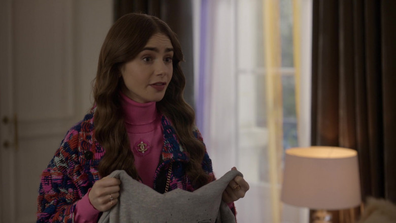 Chanel Pink Turtleneck French Street Style Outfit of Lily Collins in Emily in Paris S01E09 (4)