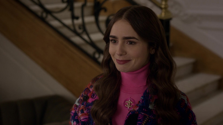 Chanel Pink Turtleneck French Street Style Outfit of Lily Collins in Emily in Paris S01E09 (5)