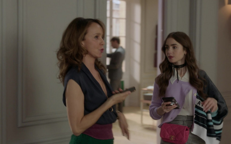 Chanel Pink Waist Bag of Lily Collins Fashion Outfit in Emily in Paris S01E05