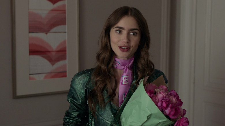 Chanel Scarf Worn by Lily Collins in Emily in Paris S01E04 &quot;A Kiss Is Just A Kiss&quot; (2020)