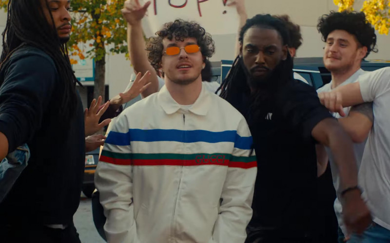 Gucci Multi Color Horizontal Stripe Pattern Jacket Outfit of Jack Harlow in Tyler Herro (1)