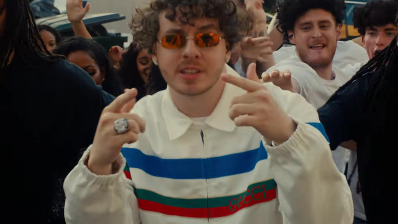 Gucci Multi Color Horizontal Stripe Pattern Jacket Outfit of Jack Harlow in Tyler Herro (2)