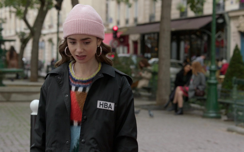Hood By Air Logo-Print Cropped Jacket Street Style Outfit of Lily Collins in Emily in Paris S01E08 TV Series (4)