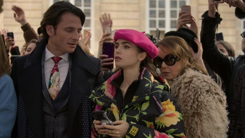 Off-White Floral Print Down Coat Jacket Outfit of Lily Collins in Emily in Paris S01E10 TV Show by Netflix (1)