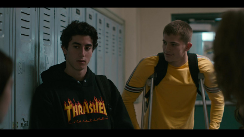 Thrasher Magazine Black Hoodie Outfit of Anthony Ippolito as George Wright in Grand Army S01E02 TV Show
