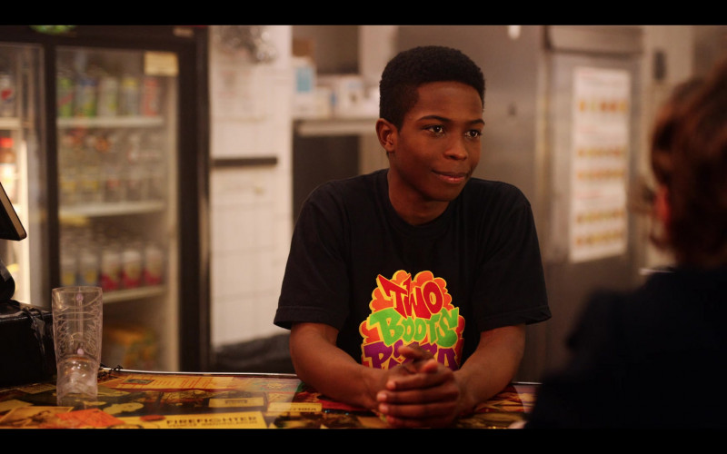 Two Boots Pizza T-Shirt of Dante Brown as Boomer in Dash & Lily S01E03 TV Show (1)