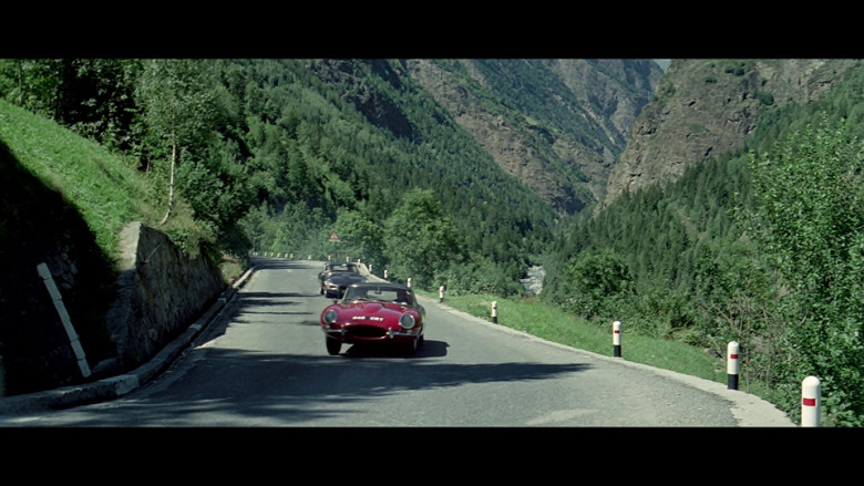 Jaguar E-Type Cars (a red roadster and a black coupé) in The Italian Job (1969)