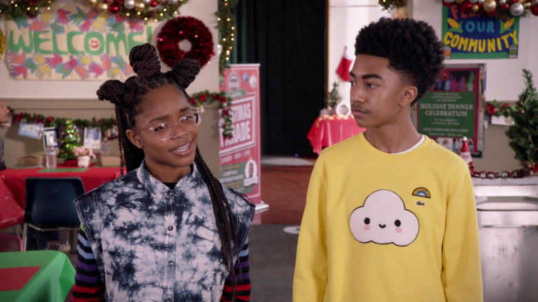 Miles Brown Wears Lacoste Boys' Crocoseries Friends with You Cloud Crewneck Sweatshirt (Lemon) Outfit in Black-ish (2)