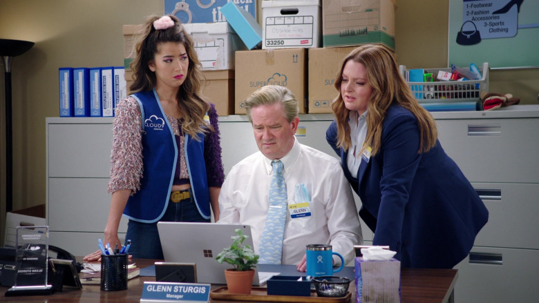 Microsoft Surface Laptop and Hydro Flask Vacuum-Insulated Coffee Mug of Cast Member Mark McKinney as Glenn Sturgis in Superstore S06E14 Perfect Store (2021)
