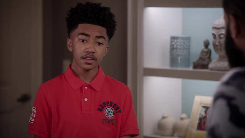 Superdry Red Polo Shirt of Cast Member Miles Brown as Jack Johnson in Black-ish S07E15 TV Show (1)