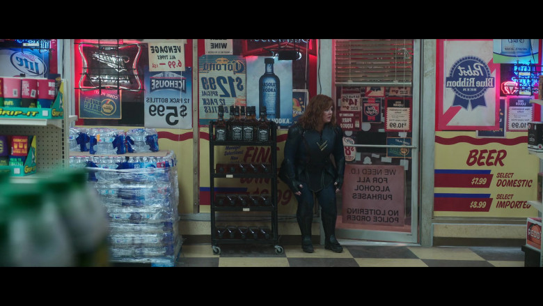 Absolut Vodka Poster and Jack Daniel’s Whiskey Bottles in Thunder Force (2021)